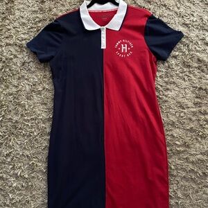 Tommy Hilfiger color block collared dress half navy blue half red sport dress